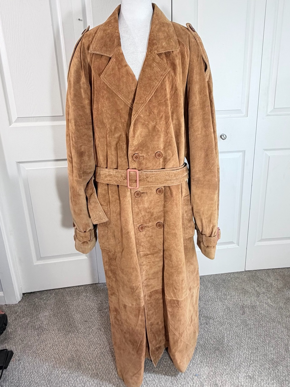 100%  Suede Leather Belted Trench Coat Camel Unisex Medium 42 Chest